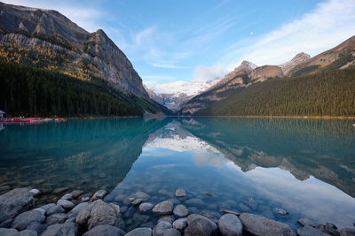 Scenic view of lake and mountains against sky