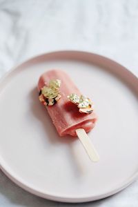 High angle view of dessert in plate on table