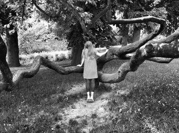 Full length of girl standing on tree trunk