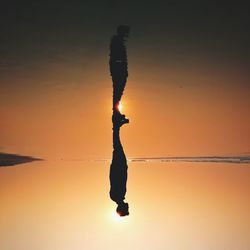 Silhouette person by sea against sky during sunset