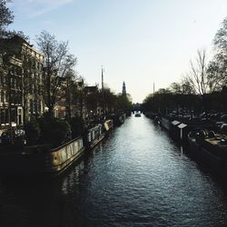 Canal amidst bare trees against sky in city