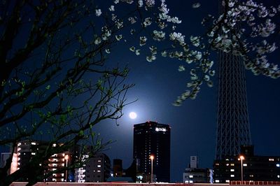 Low angle view of illuminated buildings against sky at night