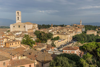 High angle shot of townscape against sky