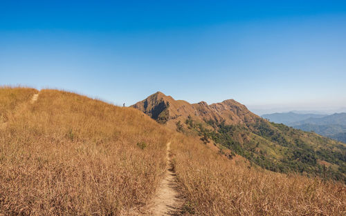 Scenic view of field and mountains against blue sky
