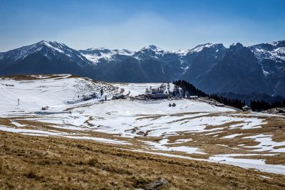 Scenic view of snowcapped mountains against sky