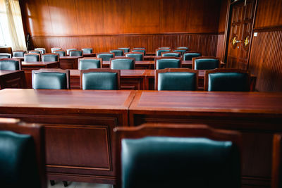 Empty chairs and table in room