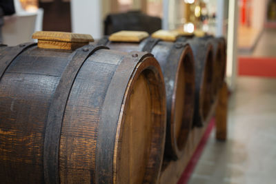 Fine big wine wooden barrels in horizontal position