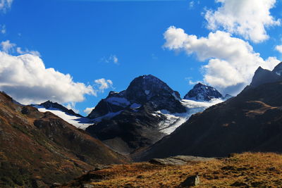 Scenic view of rocky mountains against cloudy sky