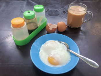 High angle view of breakfast on table