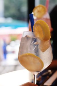 Close-up of beer glass on table at restaurant