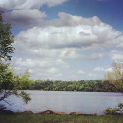 Scenic view of calm lake against cloudy sky