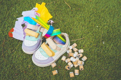 High angle view of personal accessories on grass