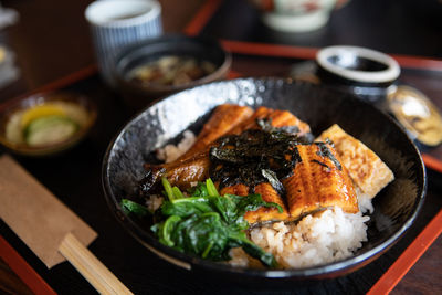 High angle view of fish in bowl on table