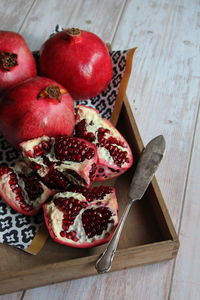 High angle view of strawberries on table