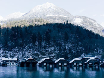 Scenic view of lake with mountains in background