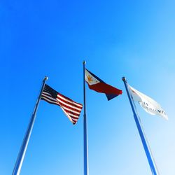 Low angle view of flags against clear blue sky