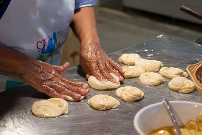 High angle view of preparing food on table