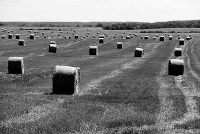 Hay bales on field against sky