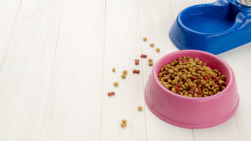 High angle view of salad in bowl on table