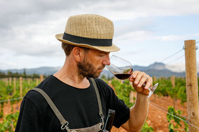 Adult man harvesting ripe grapes from vine on cloudy day on farm serving red wine with bottle in glass and smelling it