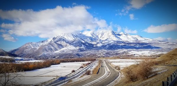 Panoramic view of snowcapped mountains against sky