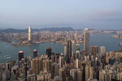 Aerial view of city buildings at waterfront