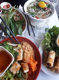 High angle view of meal served on table