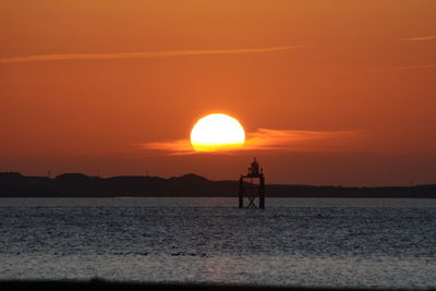 Silhouette people on sea against orange sky during sunset