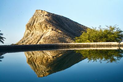 Reflection of tree on lake against clear sky