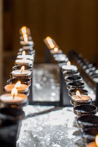 Close-up of illuminated candles in church