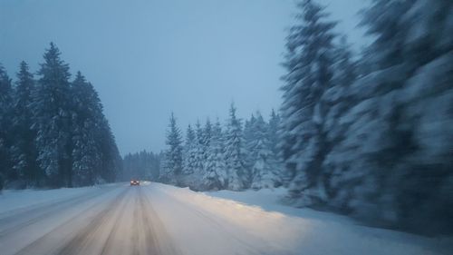 Road amidst trees against clear sky during winter