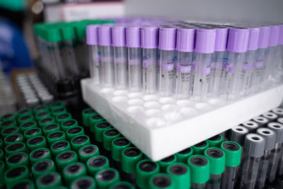 High angle view of test tubes