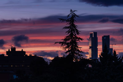 Silhouette of buildings against cloudy sky during sunset