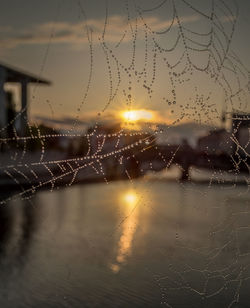 Close-up of wet spider web against sky during rainy season