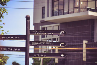 Low angle view of road sign against building