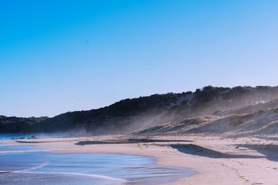 Scenic view of mountains against clear blue sky