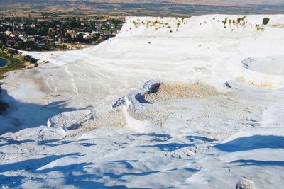 High angle view of snow covered field