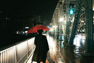 Rear view of person walking on wet street during rainy season