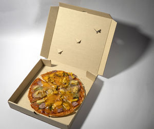 High angle view of pizza in box