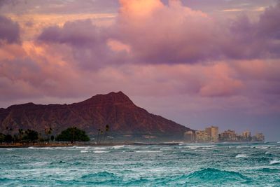 Scenic view of sea and mountains against sky