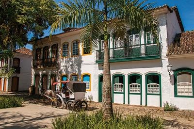 Old colored houses, palm tree, carriage and cobblestone in paraty, brazil