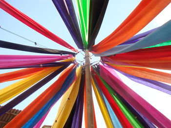 Low angle view of colorful fabrics against clear sky