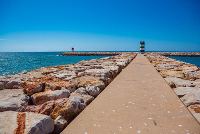 Scenic view of sea against clear blue sky