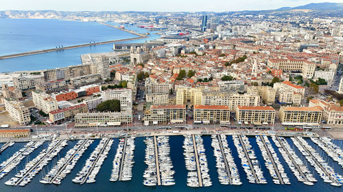 High angle view of buildings in city