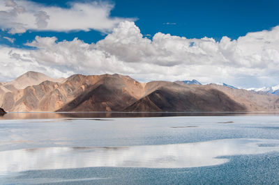 Scenic view of lake by mountains against sky