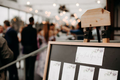 Close up of wedding seating chart with copy space.