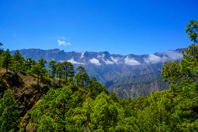 Scenic view of mountains against blue sky