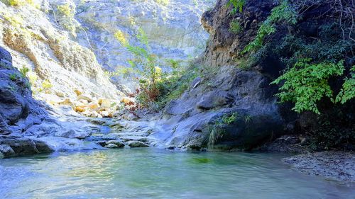 Scenic view of river flowing through cave