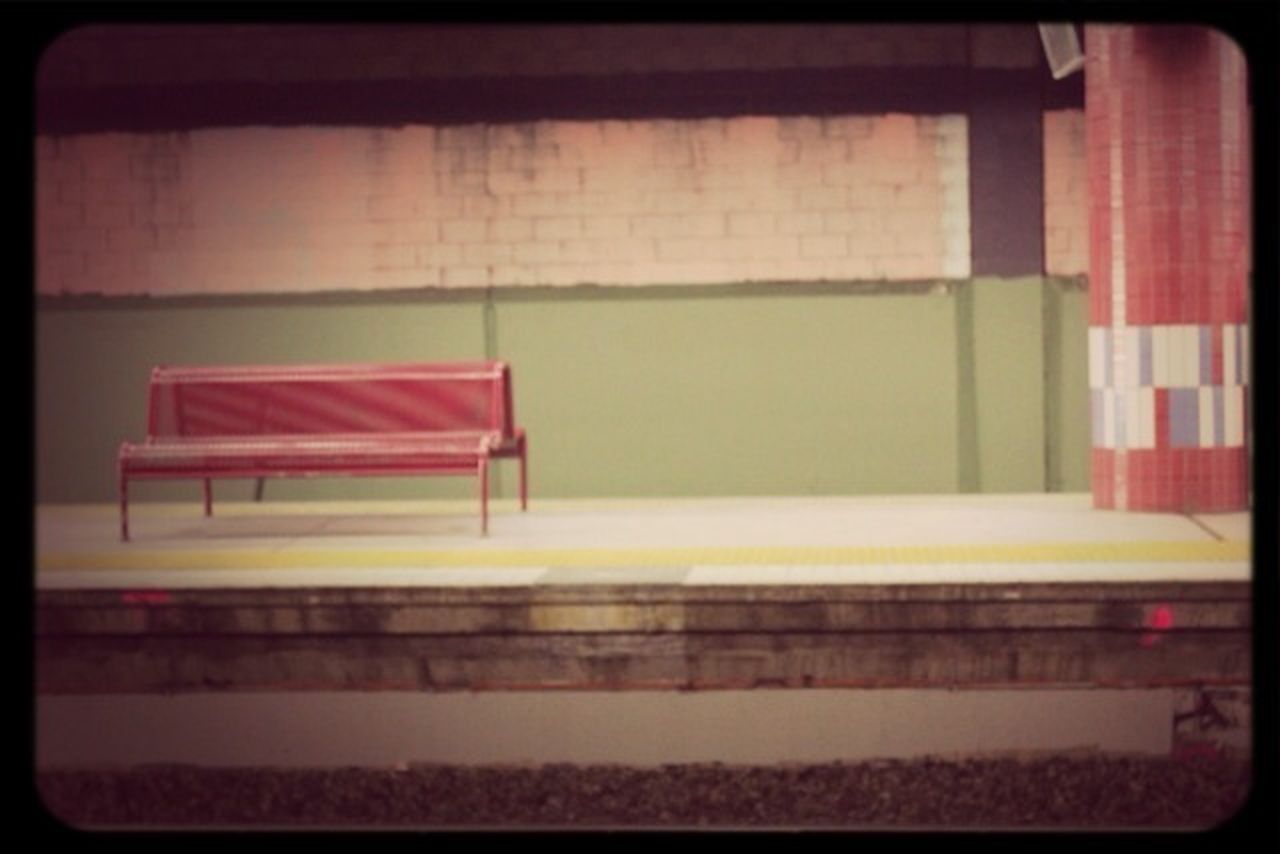 transfer print, auto post production filter, built structure, architecture, empty, absence, building exterior, red, bench, day, no people, railing, outdoors, chair, seat, sunlight, window, multi colored, steps, wall - building feature