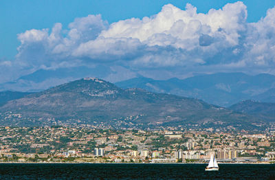 Aerial view of townscape and mountains against sky